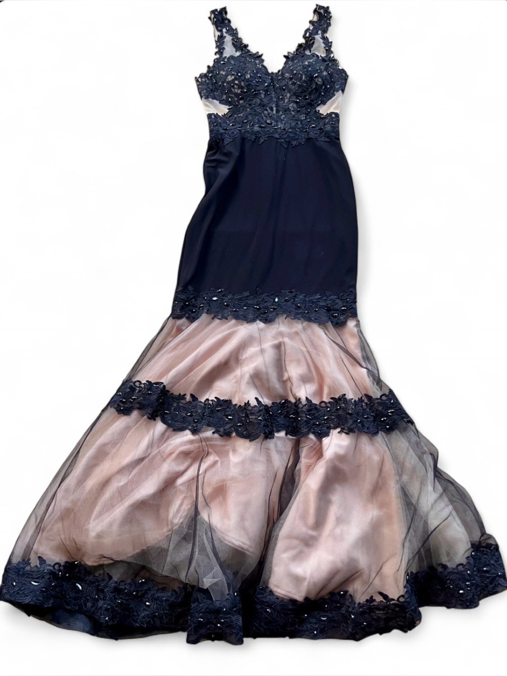 May Queen Couture 1423 Black Champagne Illusion Lace Trumpet Gown Size 6 Formal